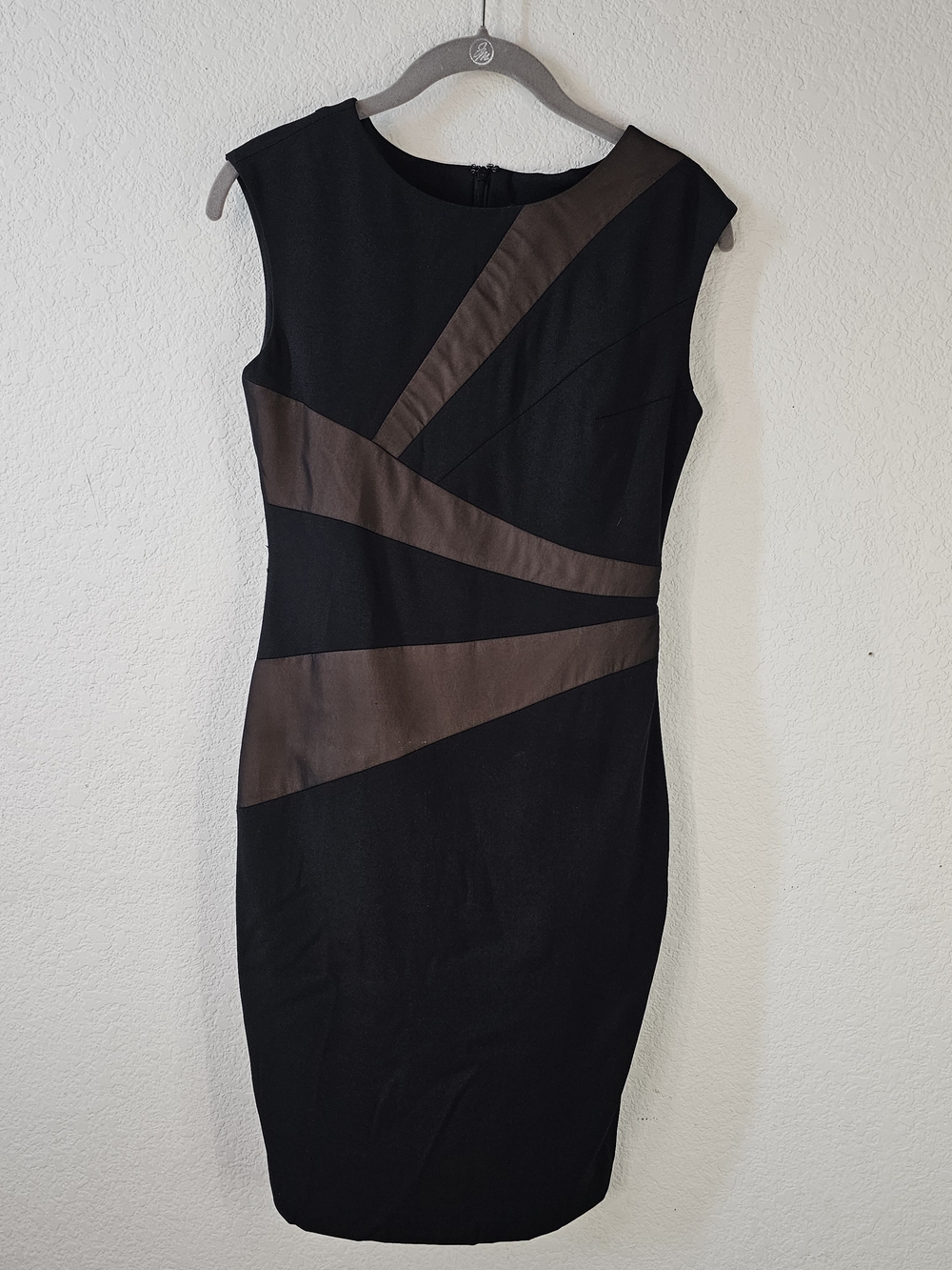 Black Midi Sheath Dress with Brown Contrast Panels Evening Events